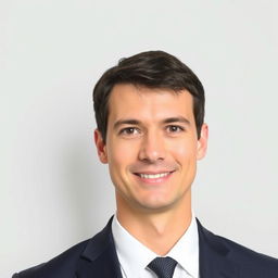 A professional passport-sized photo for a CV, featuring a straightforward portrait of an adult male with short dark hair, wearing a navy suit and a white dress shirt without a tie