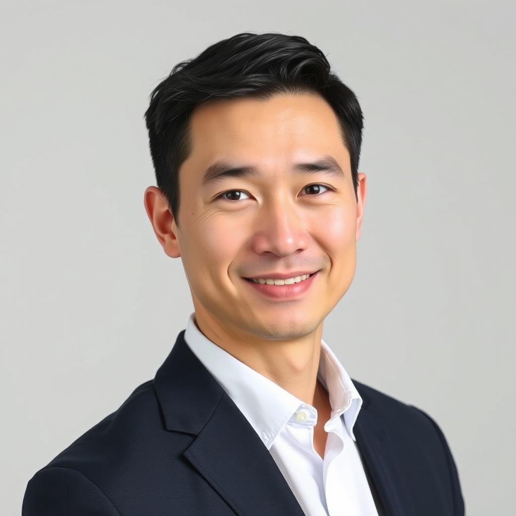 A professional passport-sized photo for a CV, featuring a straightforward portrait of an adult male with short dark hair, wearing a navy suit and a white dress shirt without a tie