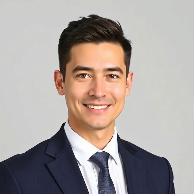 A professional passport-sized photo for a CV, featuring a straightforward portrait of an adult male with short dark hair, wearing a navy suit and a white dress shirt without a tie