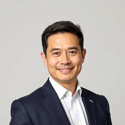 A professional passport-sized photo for a CV, featuring a straightforward portrait of an adult male with short dark hair, wearing a navy suit and a white dress shirt without a tie