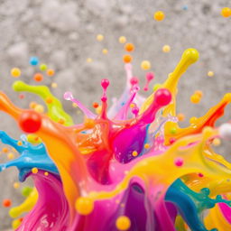 A close-up, artistic depiction of a vibrant, abstract splash of colorful liquids, resembling the concept of fluidity and motion, set against a textured background that suggests a playful atmosphere