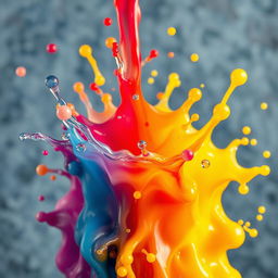 A close-up, artistic depiction of a vibrant, abstract splash of colorful liquids, resembling the concept of fluidity and motion, set against a textured background that suggests a playful atmosphere