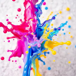 A close-up, artistic depiction of a vibrant, abstract splash of colorful liquids, resembling the concept of fluidity and motion, set against a textured background that suggests a playful atmosphere