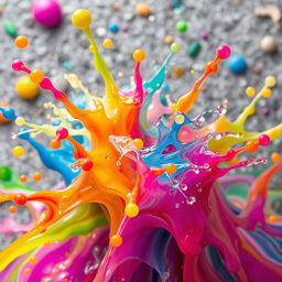 A close-up, artistic depiction of a vibrant, abstract splash of colorful liquids, resembling the concept of fluidity and motion, set against a textured background that suggests a playful atmosphere