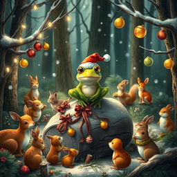 A delightful scene capturing a frog at the center of a lush woodland, celebrating Christmas surrounded by a variety of animals joining in the festive cheer