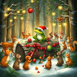 A delightful scene capturing a frog at the center of a lush woodland, celebrating Christmas surrounded by a variety of animals joining in the festive cheer