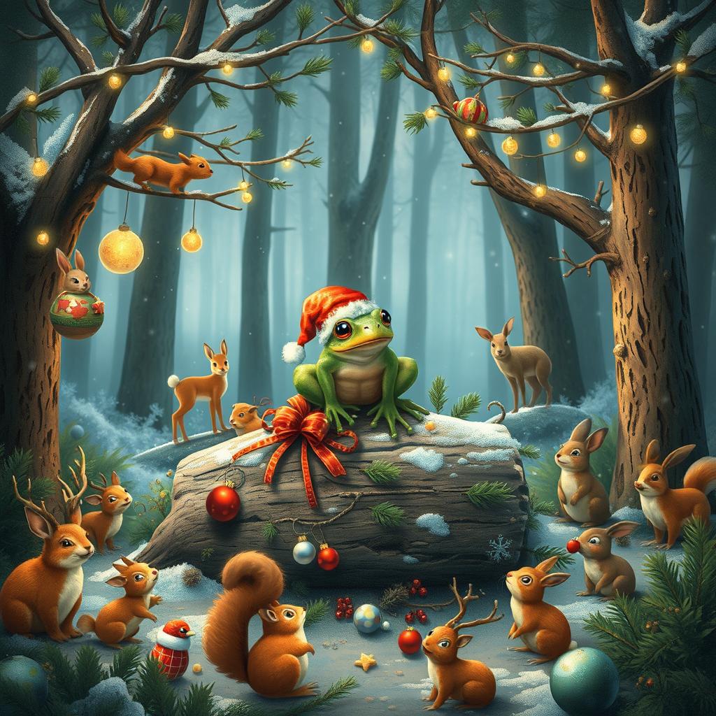 A delightful scene capturing a frog at the center of a lush woodland, celebrating Christmas surrounded by a variety of animals joining in the festive cheer