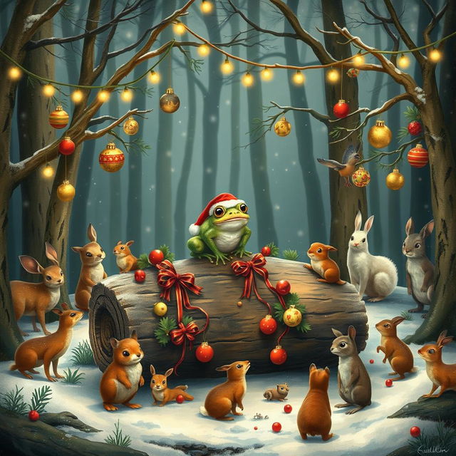 A delightful scene capturing a frog at the center of a lush woodland, celebrating Christmas surrounded by a variety of animals joining in the festive cheer