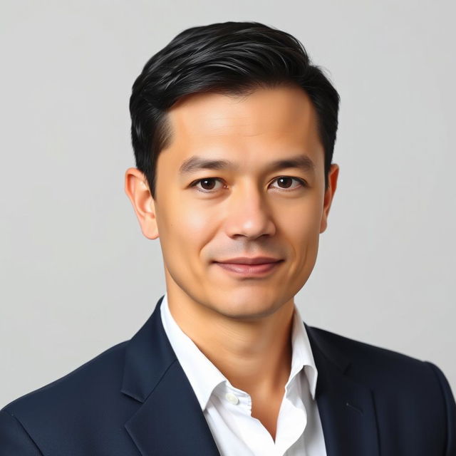 A professional passport-sized photo for a CV, featuring a straightforward portrait of an adult male with short dark hair, wearing a navy suit and a white dress shirt without a tie