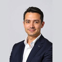 A professional passport-sized photo for a CV, featuring a straightforward portrait of an adult male with short dark hair, wearing a navy suit and a white dress shirt without a tie