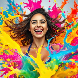A captivating and dynamic image of a confident woman exploring the vibrant world of liquid splashes around her