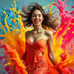 A captivating and dynamic image of a confident woman exploring the vibrant world of liquid splashes around her