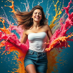 A captivating and dynamic image of a confident woman exploring the vibrant world of liquid splashes around her