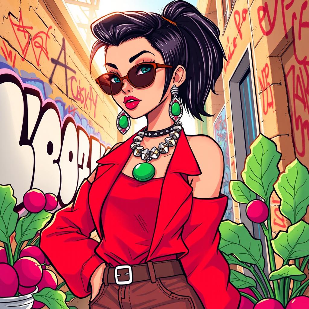 A vibrant and colorful illustration featuring a stylish, edgy fashion outfit with a radish-inspired tone