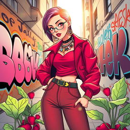 A vibrant and colorful illustration featuring a stylish, edgy fashion outfit with a radish-inspired tone