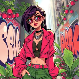A vibrant and colorful illustration featuring a stylish, edgy fashion outfit with a radish-inspired tone