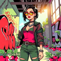 A vibrant and colorful illustration featuring a stylish, edgy fashion outfit with a radish-inspired tone