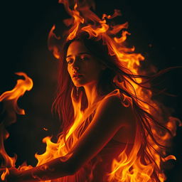 A dramatic scene of a woman completely engulfed in vibrant flames, her figure merging with the fire creating an ethereal and powerful image