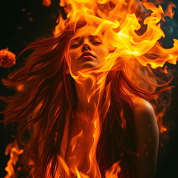 A dramatic scene of a woman completely engulfed in vibrant flames, her figure merging with the fire creating an ethereal and powerful image