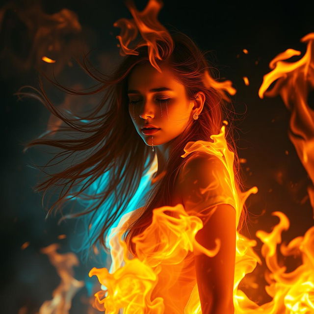 A dramatic scene of a woman completely engulfed in vibrant flames, her figure merging with the fire creating an ethereal and powerful image