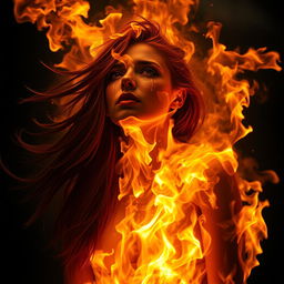 A dramatic scene of a woman completely engulfed in vibrant flames, her figure merging with the fire creating an ethereal and powerful image