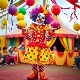 A vibrant and colorful image of a female clown, featuring playful and artistic makeup, a bright red nose, oversized shoes, and a lively outfit with polka dots and frills