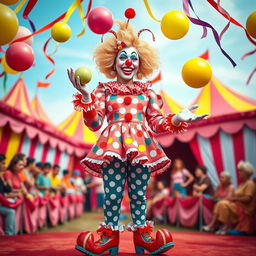 A vibrant and colorful image of a female clown, featuring playful and artistic makeup, a bright red nose, oversized shoes, and a lively outfit with polka dots and frills