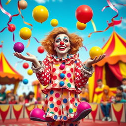 A vibrant and colorful image of a female clown, featuring playful and artistic makeup, a bright red nose, oversized shoes, and a lively outfit with polka dots and frills