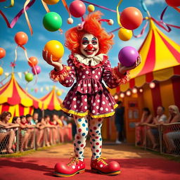A vibrant and colorful image of a female clown, featuring playful and artistic makeup, a bright red nose, oversized shoes, and a lively outfit with polka dots and frills