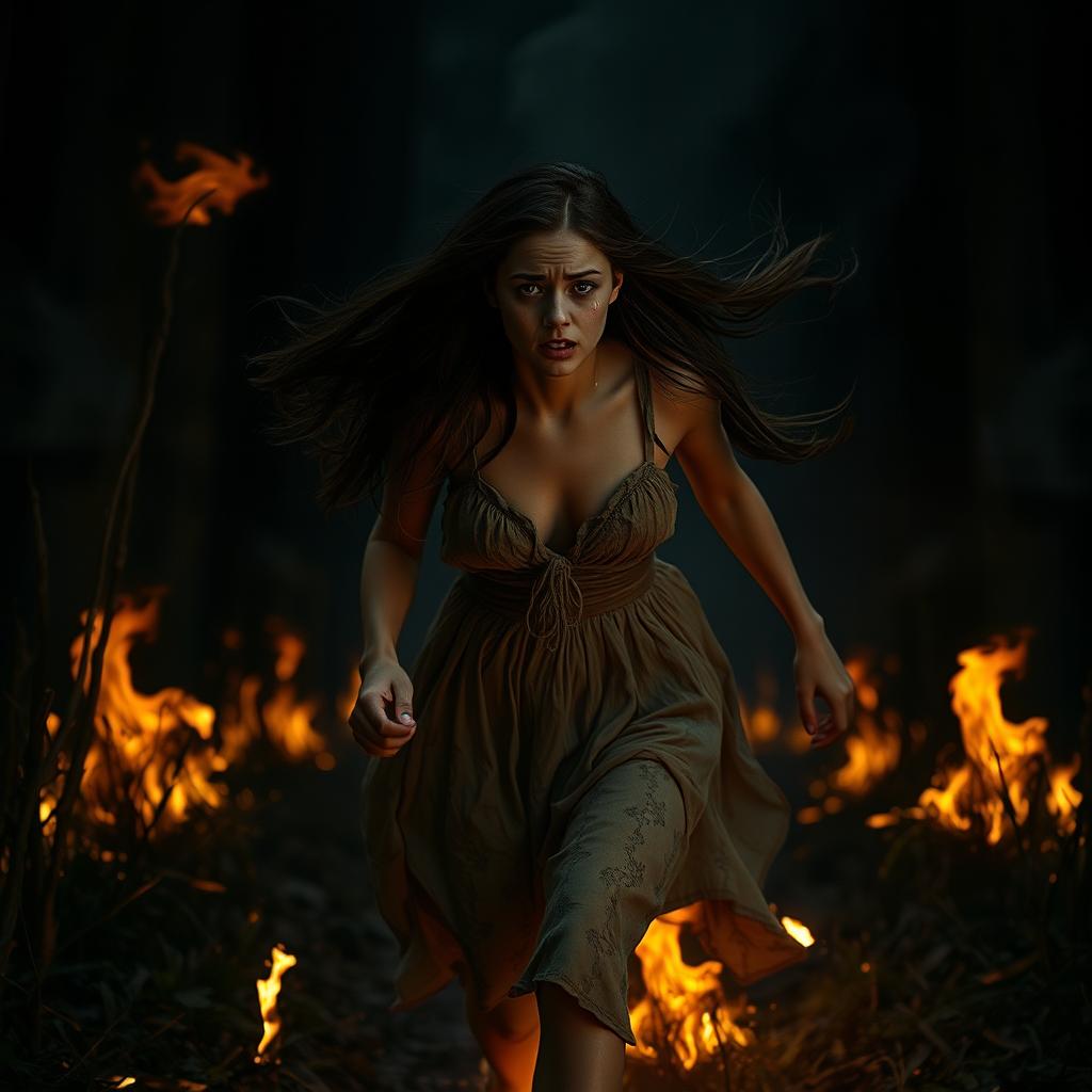 A dramatic and intense scene depicting a young woman in her late teens, with long flowing hair, wearing a tattered dress, running through a dark forest while engulfed in flames