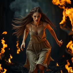A dramatic and intense scene depicting a young woman in her late teens, with long flowing hair, wearing a tattered dress, running through a dark forest while engulfed in flames