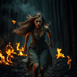 A dramatic and intense scene depicting a young woman in her late teens, with long flowing hair, wearing a tattered dress, running through a dark forest while engulfed in flames