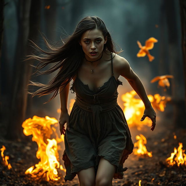 A dramatic and intense scene depicting a young woman in her late teens, with long flowing hair, wearing a tattered dress, running through a dark forest while engulfed in flames