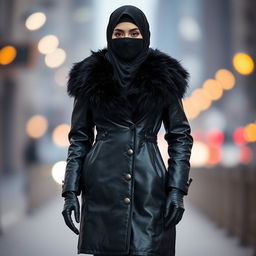 A woman standing confidently in a stylish black leather coat with a luxurious fur collar