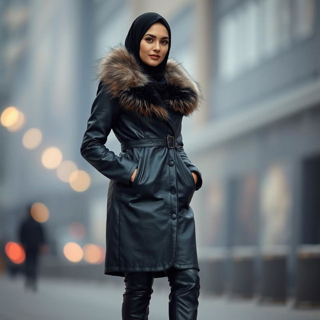 A woman standing confidently in a stylish black leather coat with a luxurious fur collar