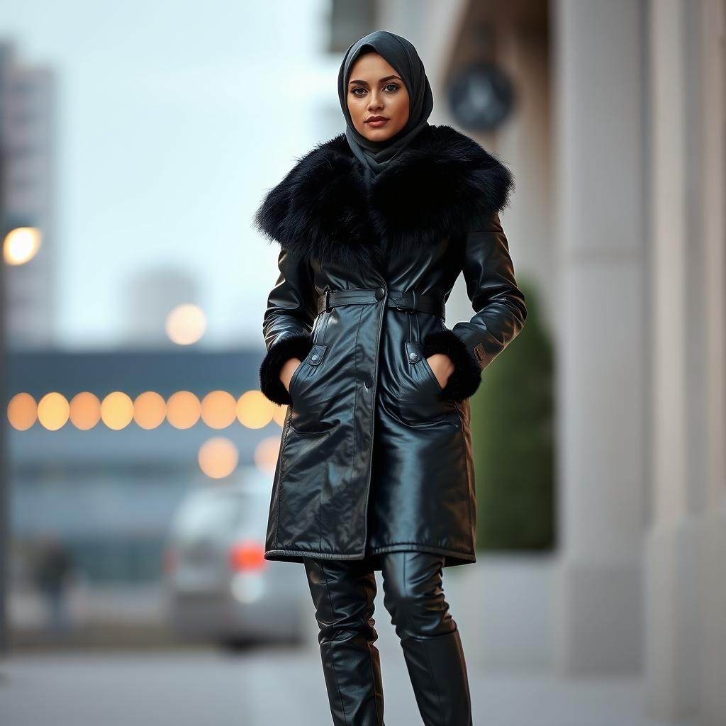 A woman standing confidently in a stylish black leather coat with a luxurious fur collar