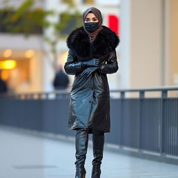 A woman standing confidently in a stylish black leather coat with a luxurious fur collar