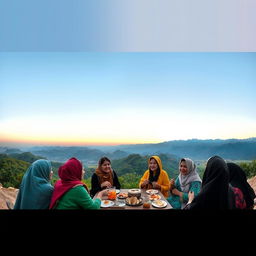 A beautiful panoramic view of the Mochi friends gathering in Torqabeh, surrounded by lush green mountains and picturesque landscapes