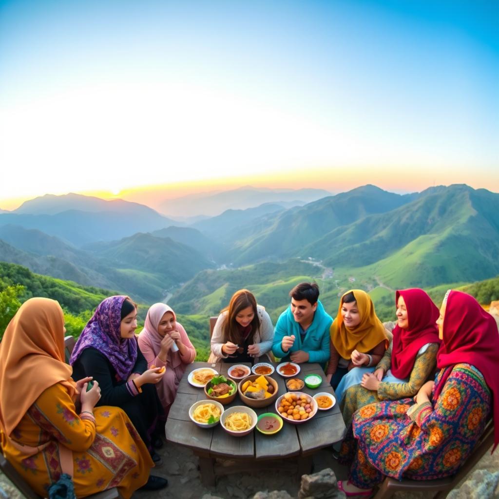 A beautiful panoramic view of the Mochi friends gathering in Torqabeh, surrounded by lush green mountains and picturesque landscapes