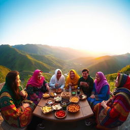 A beautiful panoramic view of the Mochi friends gathering in Torqabeh, surrounded by lush green mountains and picturesque landscapes