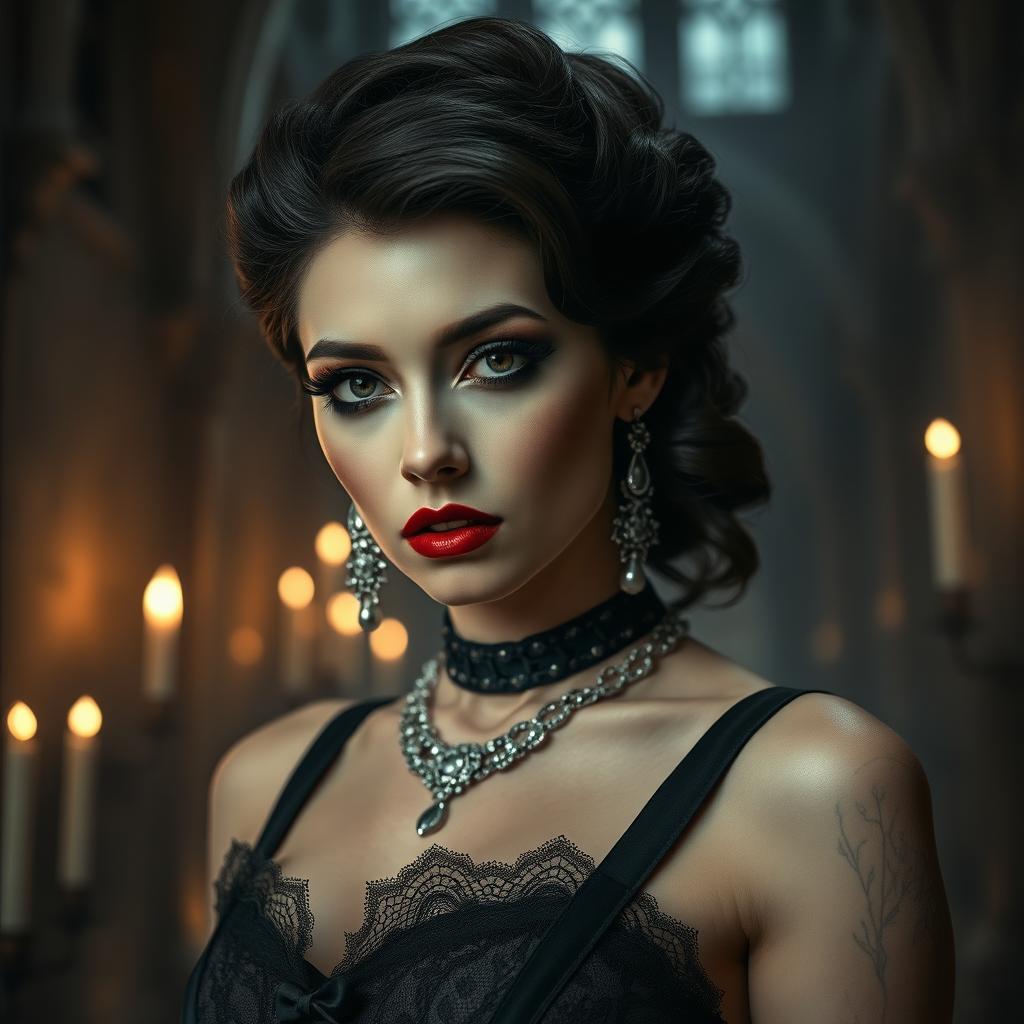 A beautifully gothic woman with an alluring expression, striking dark makeup with heavy eyeliner and deep red lipstick, pale skin contrasting against dark hair styled in elegant waves, adorned with intricate silver jewelry