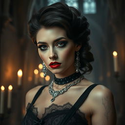 A beautifully gothic woman with an alluring expression, striking dark makeup with heavy eyeliner and deep red lipstick, pale skin contrasting against dark hair styled in elegant waves, adorned with intricate silver jewelry