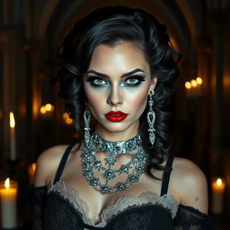 A beautifully gothic woman with an alluring expression, striking dark makeup with heavy eyeliner and deep red lipstick, pale skin contrasting against dark hair styled in elegant waves, adorned with intricate silver jewelry