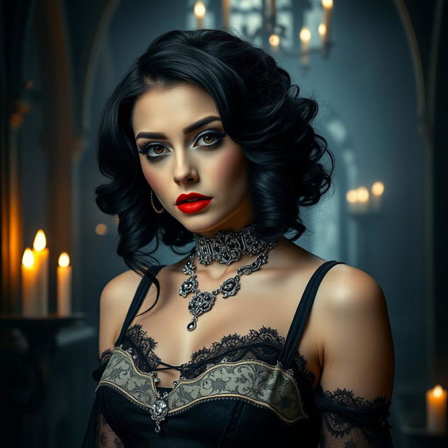 A beautifully gothic woman with an alluring expression, striking dark makeup with heavy eyeliner and deep red lipstick, pale skin contrasting against dark hair styled in elegant waves, adorned with intricate silver jewelry