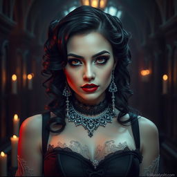 A beautifully gothic woman with an alluring expression, striking dark makeup with heavy eyeliner and deep red lipstick, pale skin contrasting against dark hair styled in elegant waves, adorned with intricate silver jewelry