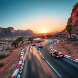 A sleek, high-speed racing track winding through a desert landscape, surrounded by stunning red rock formations and deep blue skies