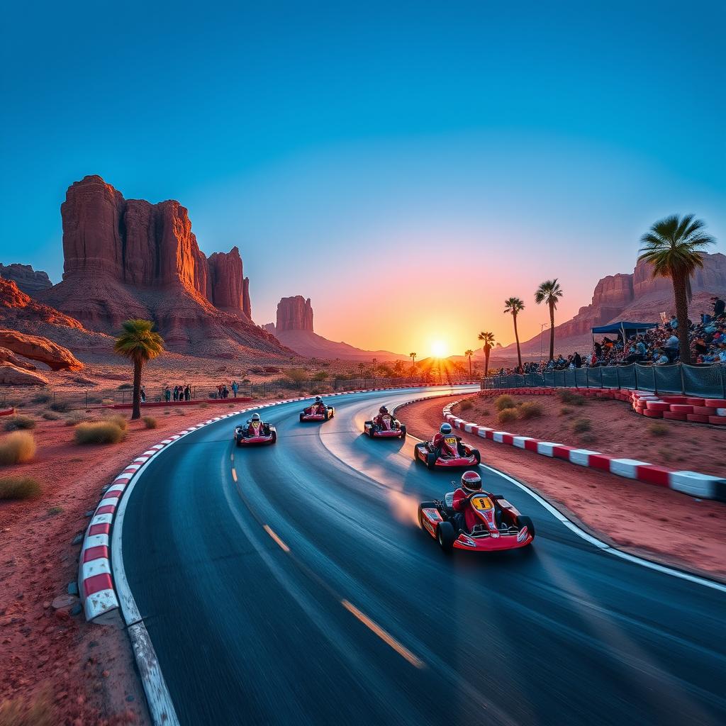 A sleek, high-speed racing track winding through a desert landscape, surrounded by stunning red rock formations and deep blue skies