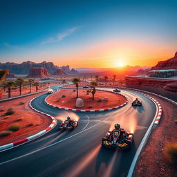 A sleek, high-speed racing track winding through a desert landscape, surrounded by stunning red rock formations and deep blue skies