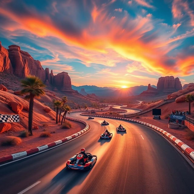 A sleek, high-speed racing track winding through a desert landscape, surrounded by stunning red rock formations and deep blue skies