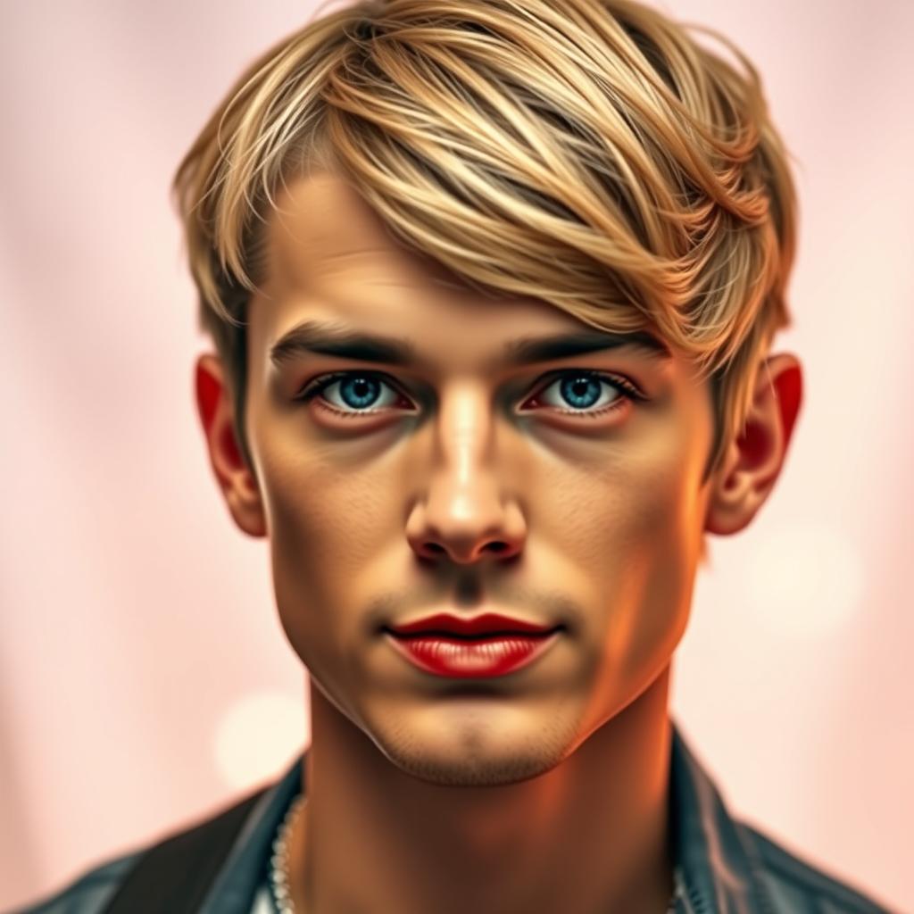A close-up portrait of a man with the facial features of Taylor Swift, including her iconic facial shape, bright blue eyes, and signature red lipstick